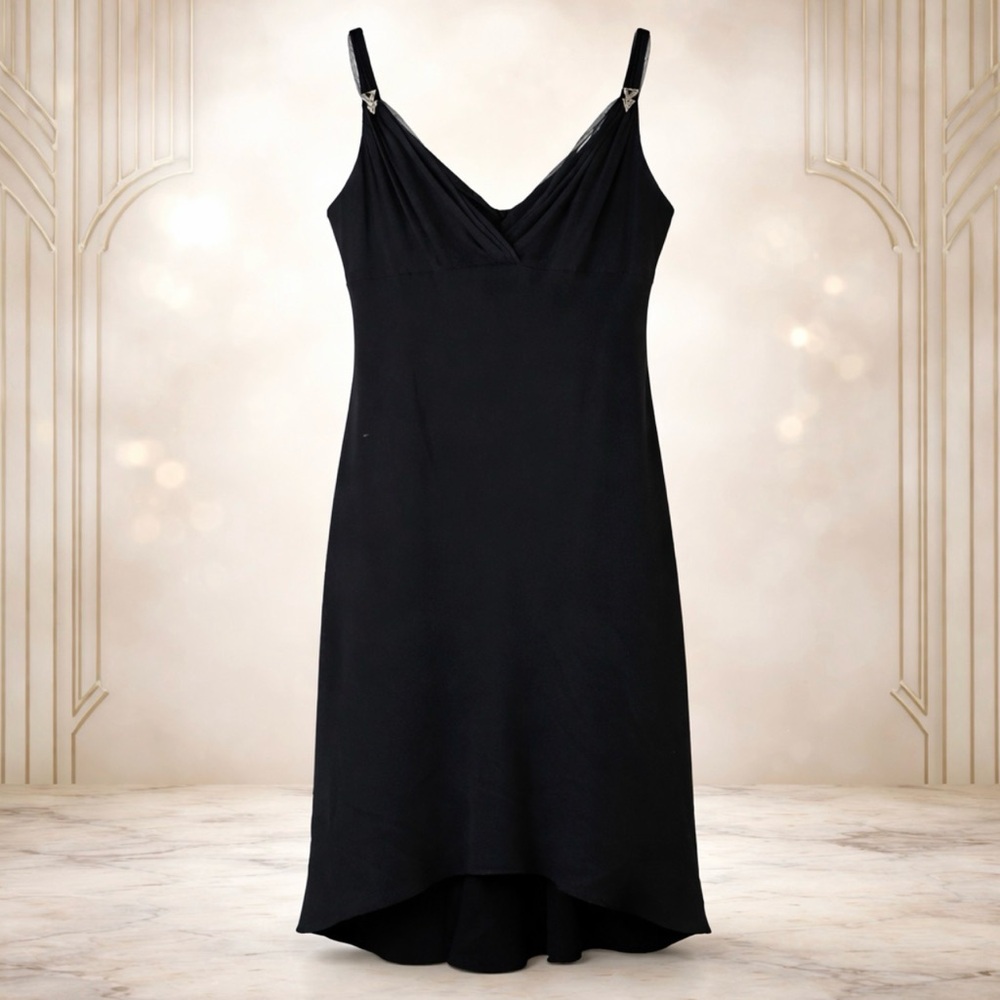 Evan Picone Vintage 80s Black V-Neck Mesh Strap Rhinestone Art Deco Dress Sz 16